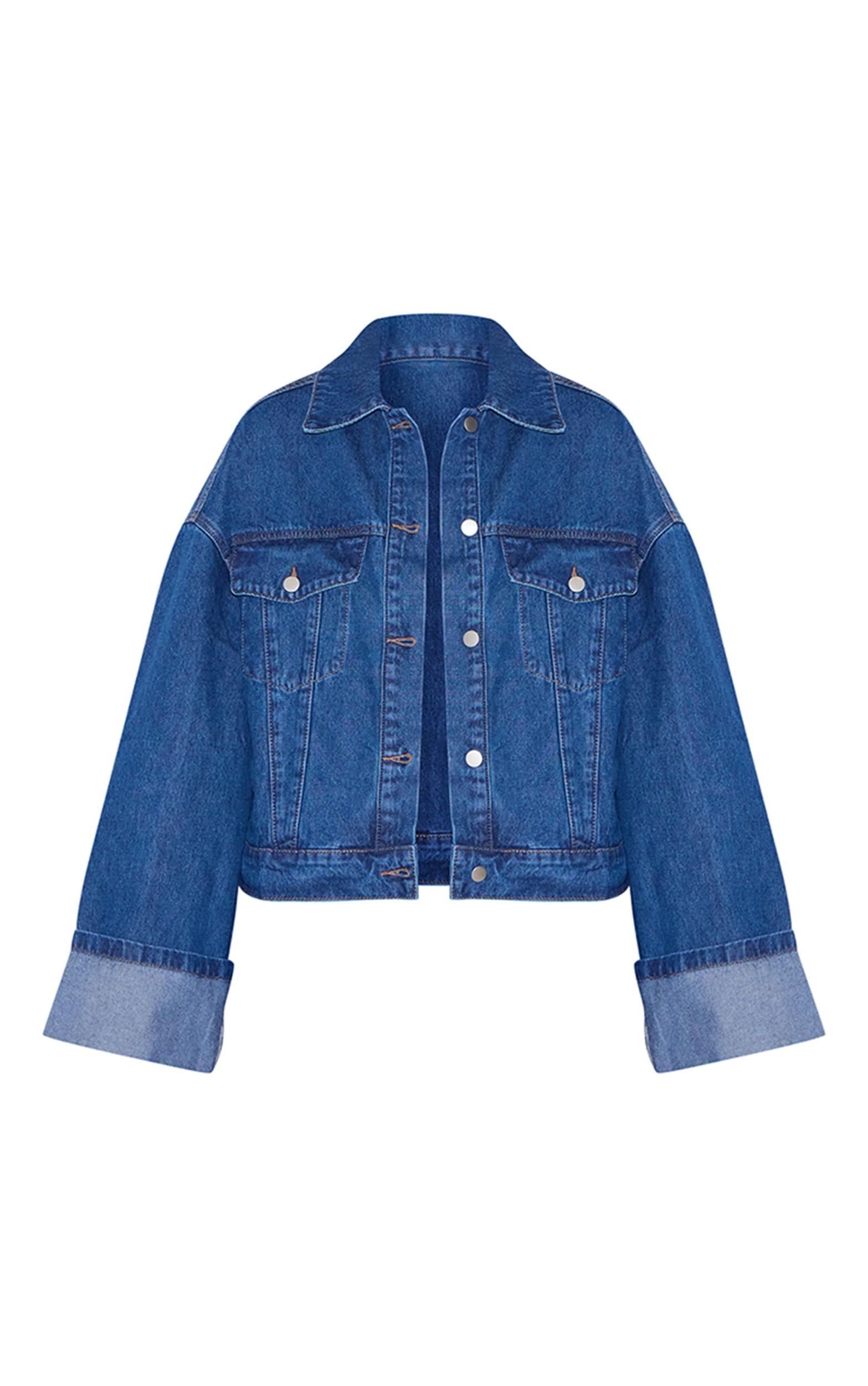 Mid Blue Wash Contrast Stitch Turn Up Cuff Oversized Denim Jacket Product Image