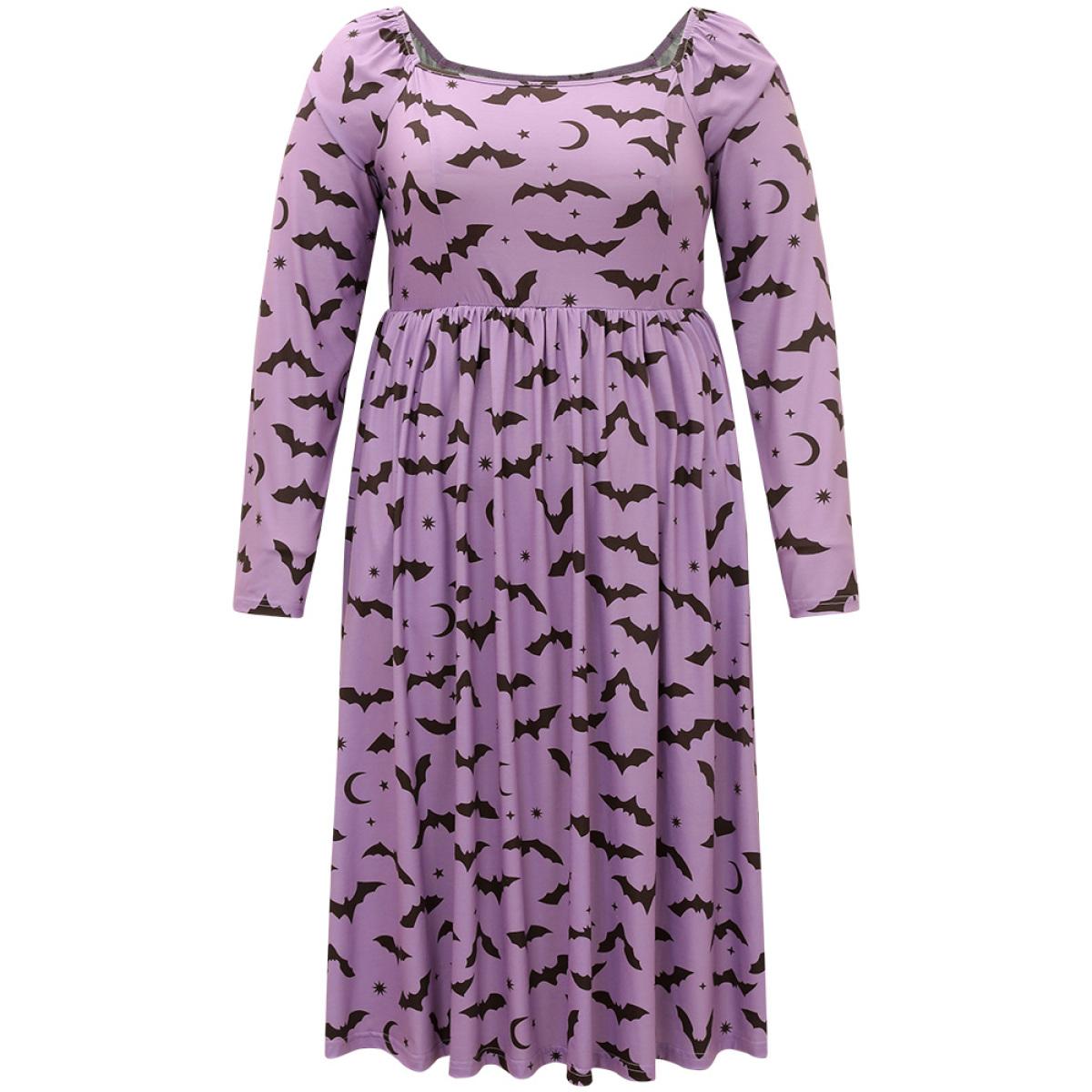 Plus Size Halloween Bat Print Pocket Square Neck Dress Mauve Women Casual Gathered Square Neck Long Sleeve Curvy Midi Dress BloomChic 26/4X Product Image