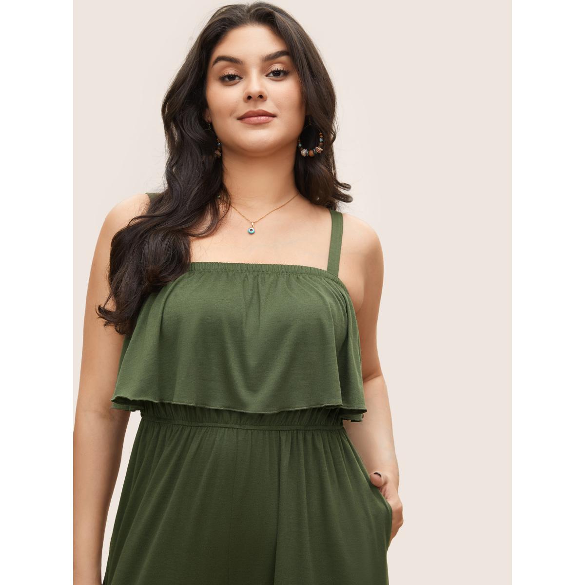 Plus Size ArmyGreen Supersoft Essentials Flutter Layered Pocket Cami Jumpsuit Women Resort Sleeveless Non Vacation Loose Jumpsuits BloomChic 30/6X Product Image