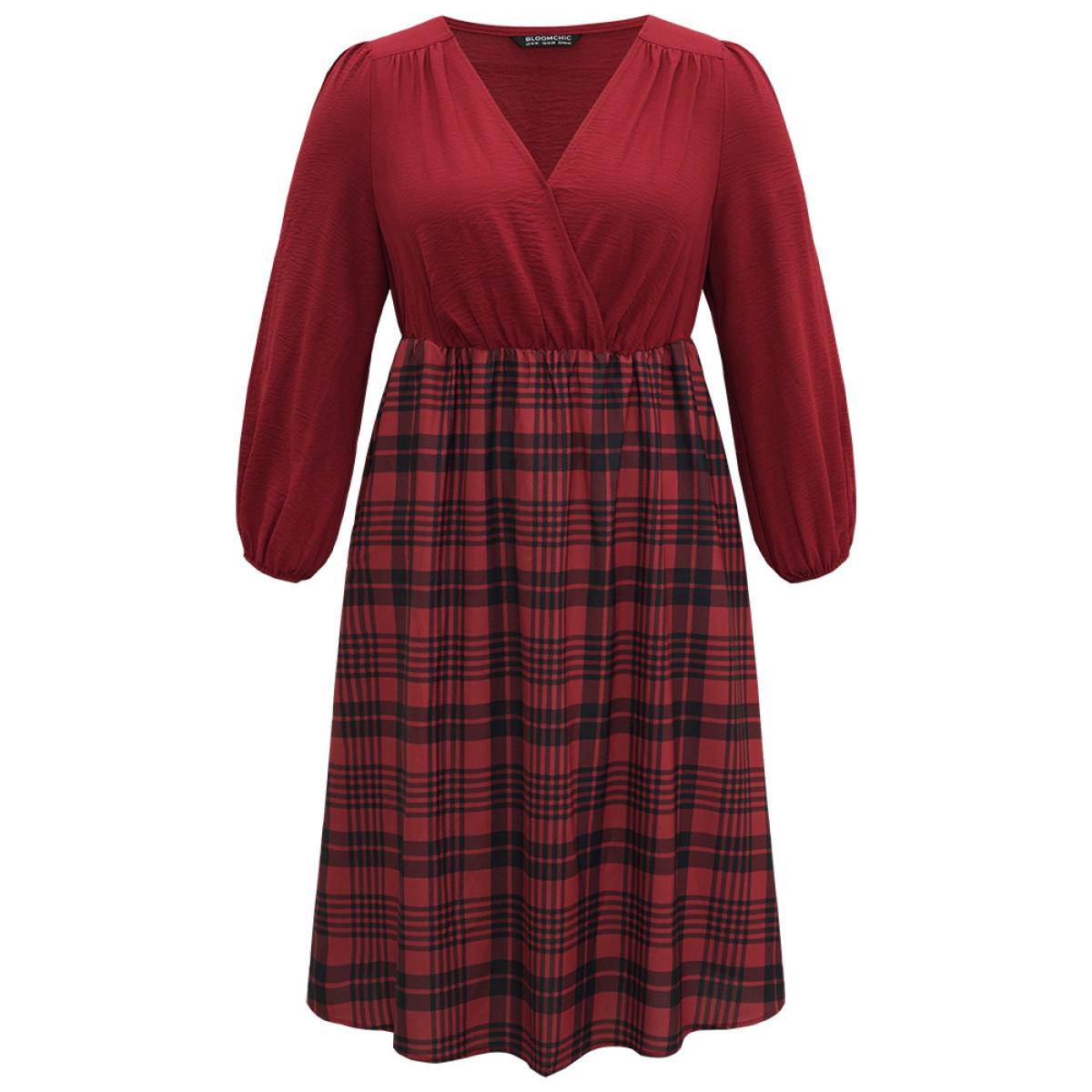 Plus Size Plaid Patchwork Gathered Lantern Sleeve Dress Raspberry Women Casual Elastic cuffs V-neck Long Sleeve Curvy Midi Dress BloomChic 18-20/2X Product Image