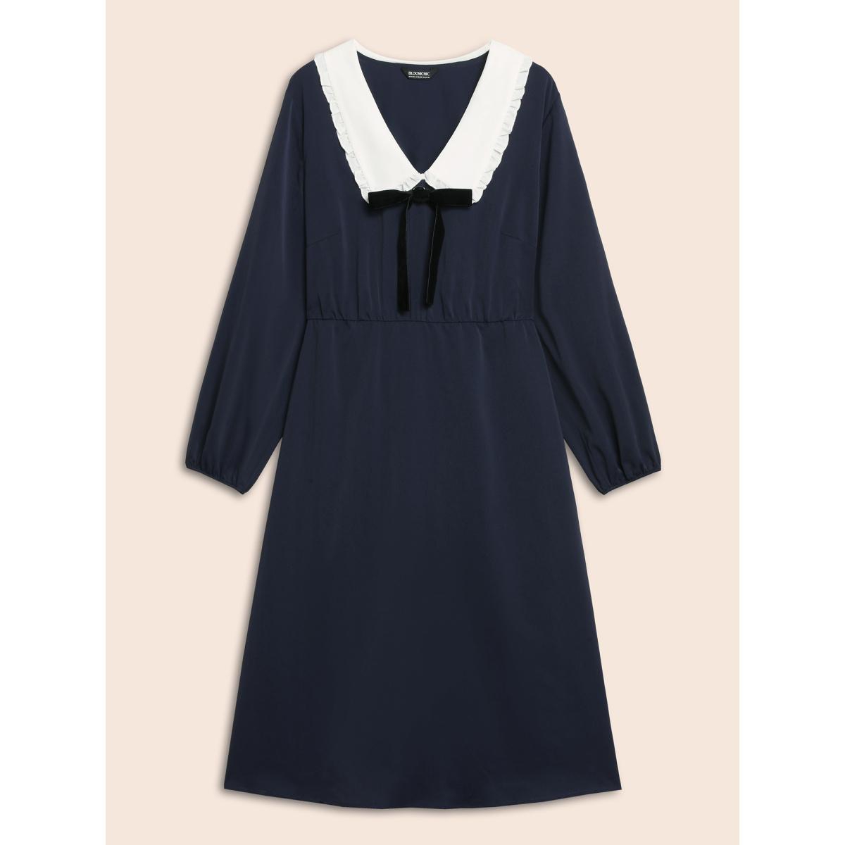 Plus Size Lapel Collar Bowknot Frill Trim Dress Navy Women Elegant Contrast Peter Pan collar Long Sleeve Curvy BloomChic 14-16/1X Product Image
