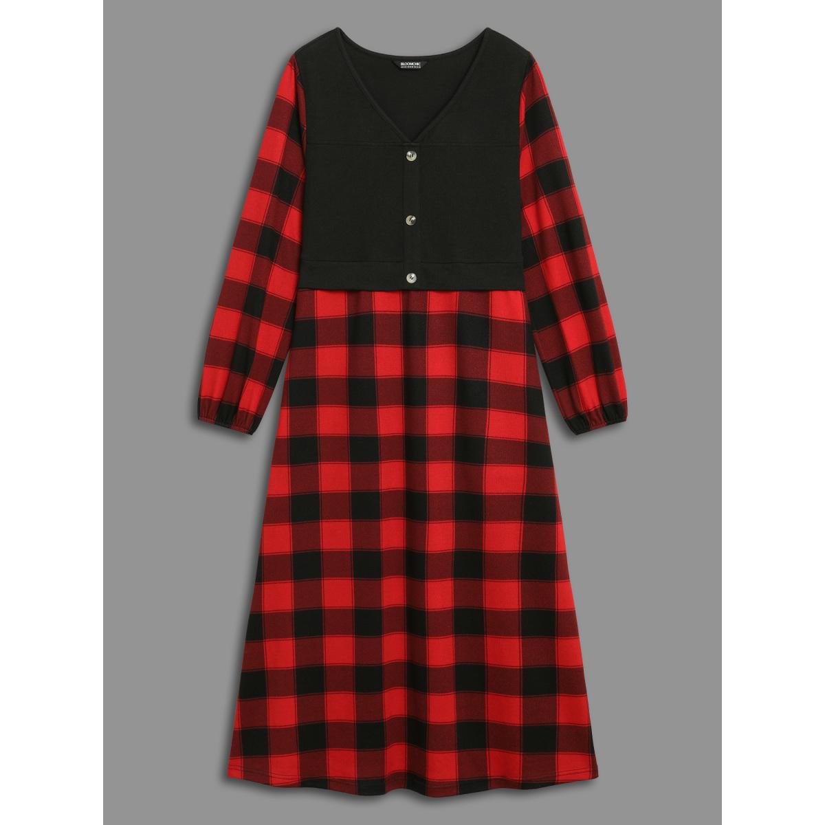 Plus Size Vest Design Fit-and-Flare Midi Dress Crimson Women Elegant Patchwork Party Curvy Bloomchic 18-20/2X Product Image