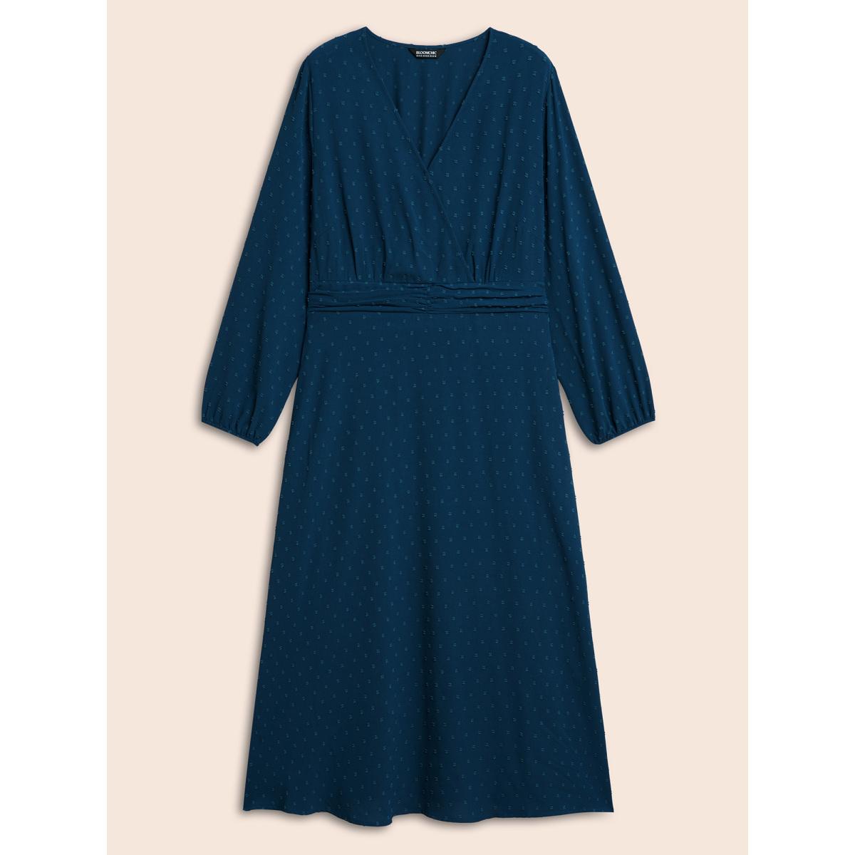 Plus Size Overlap Collar Textured Ruched Dress Aegean Women Elegant Texture Overlap Collar Long Sleeve Curvy BloomChic 12/L Product Image