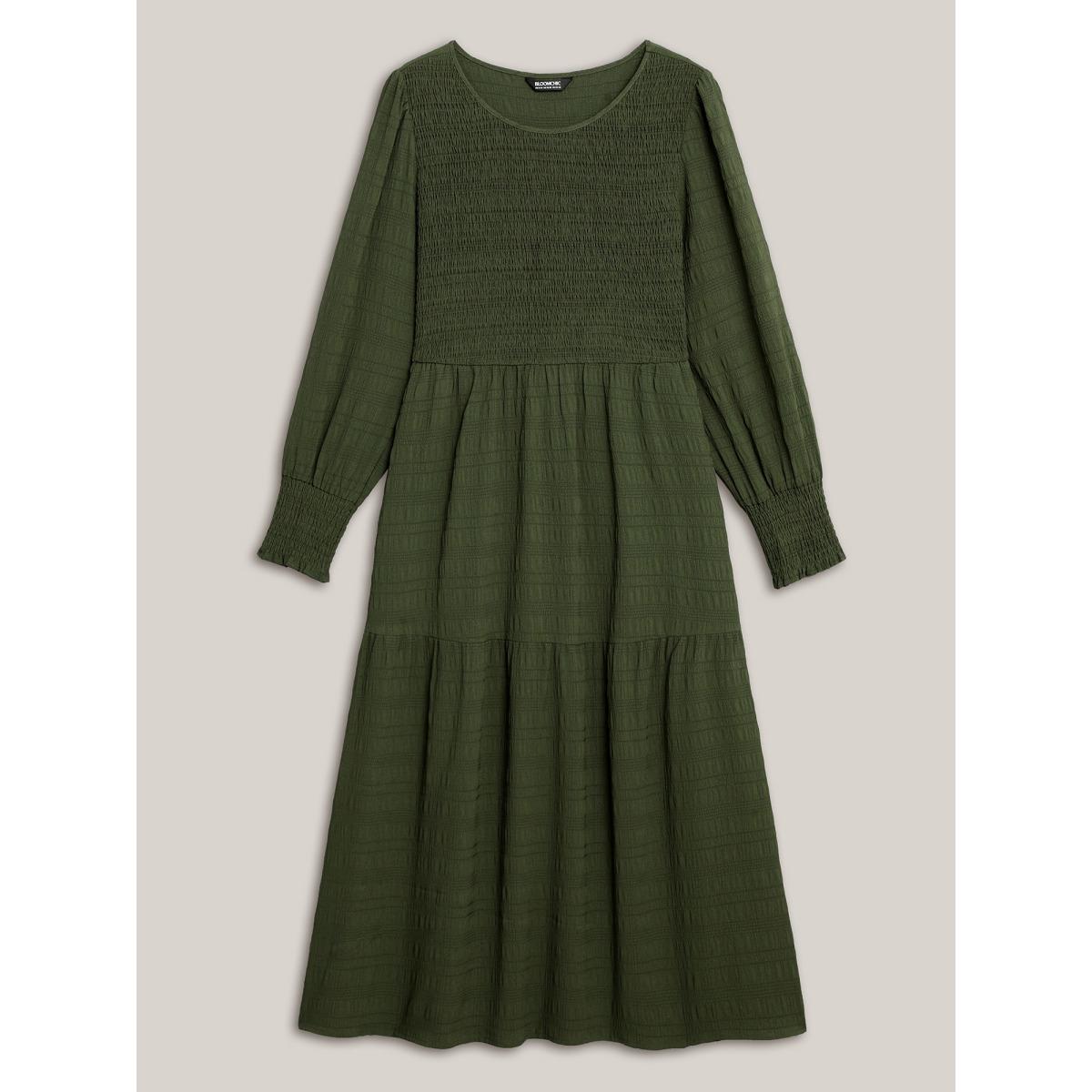 Plus Size Plain Textured Shirred Midi Dress Moss Women Timeless Texture Round Neck Long Sleeve Curvy BloomChic 30/6X Product Image