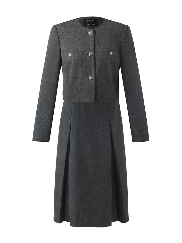 Wool Blend Crop Jacket And A-Line Skirt Two-Piece Set With Leather Bel Product Image