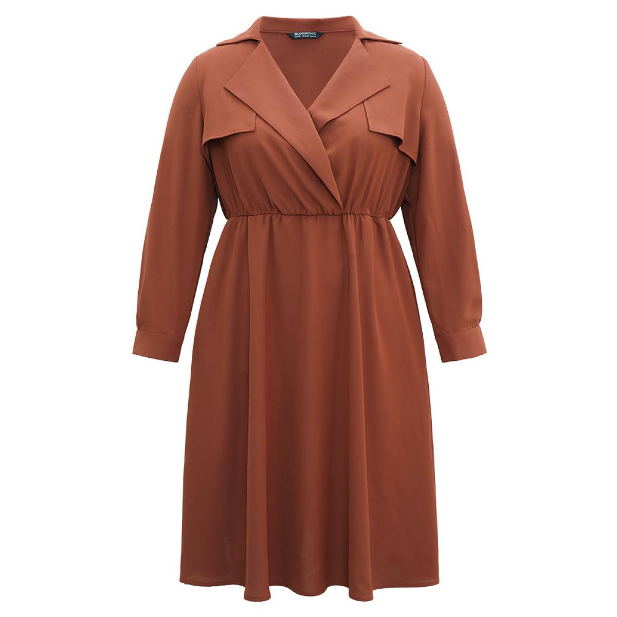 Plus Size Static-Free Plain Lapel Collar Belted Pocket Dress Maroon Women At the Office Plain Lapel Collar Long Sleeve Curvy Midi Dress BloomChic 14-16/1X Product Image