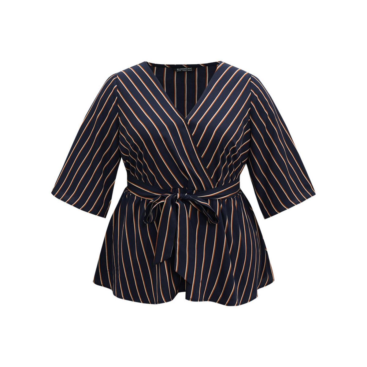 Plus Size Indigo Striped Overlap Collar Bell Sleeve Blouse Women Office Elbow-length sleeve Overlap Collar Work Blouses BloomChic 30/6X Product Image