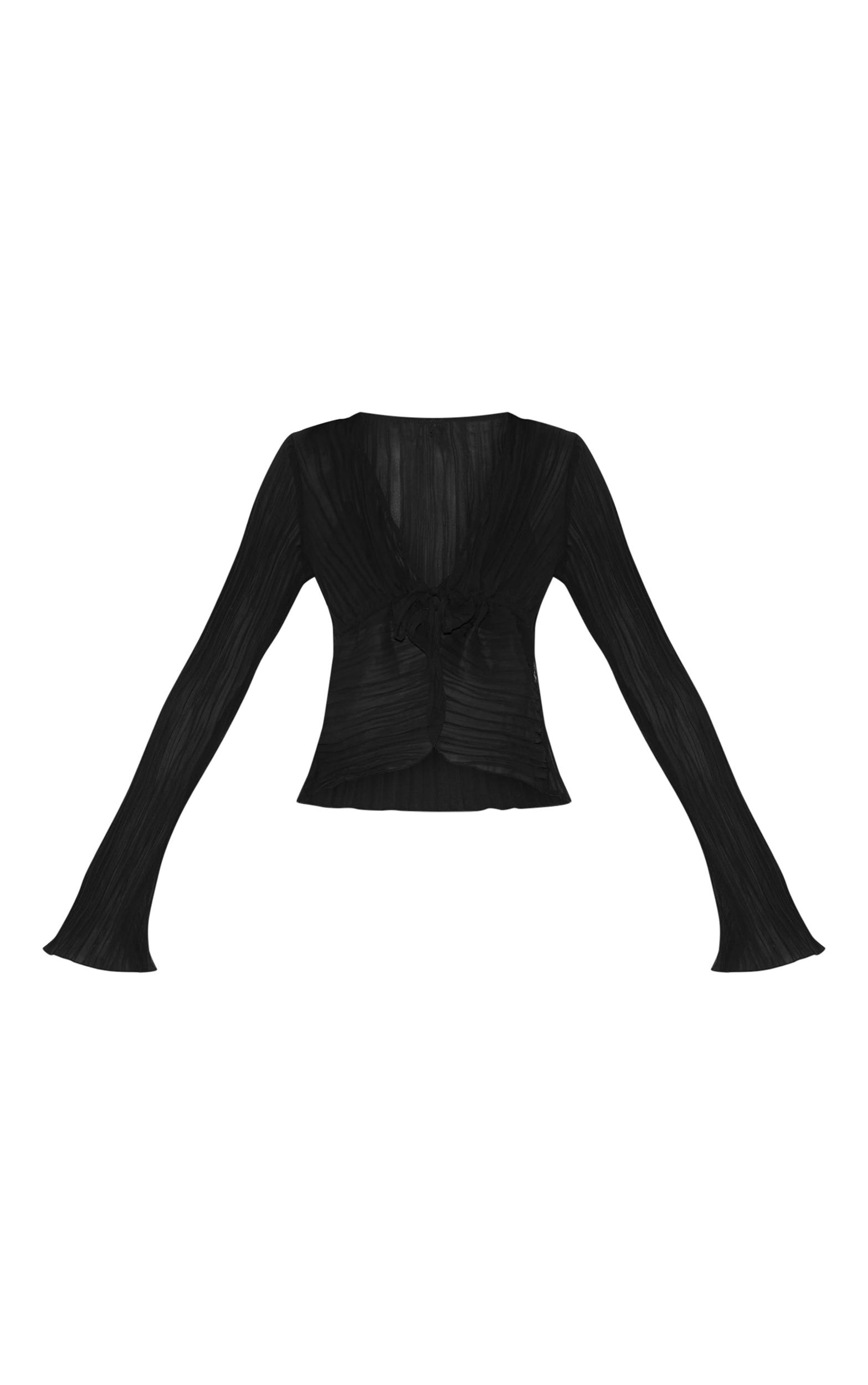 Black Sheer Plisse Tie Front Flute Sleeve Blouse Product Image