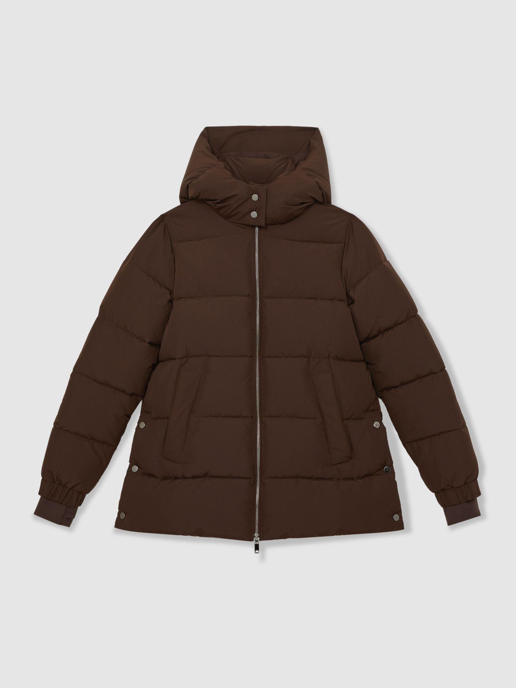 Short Hooded Puffer Coat in Chocolate Brown Product Image