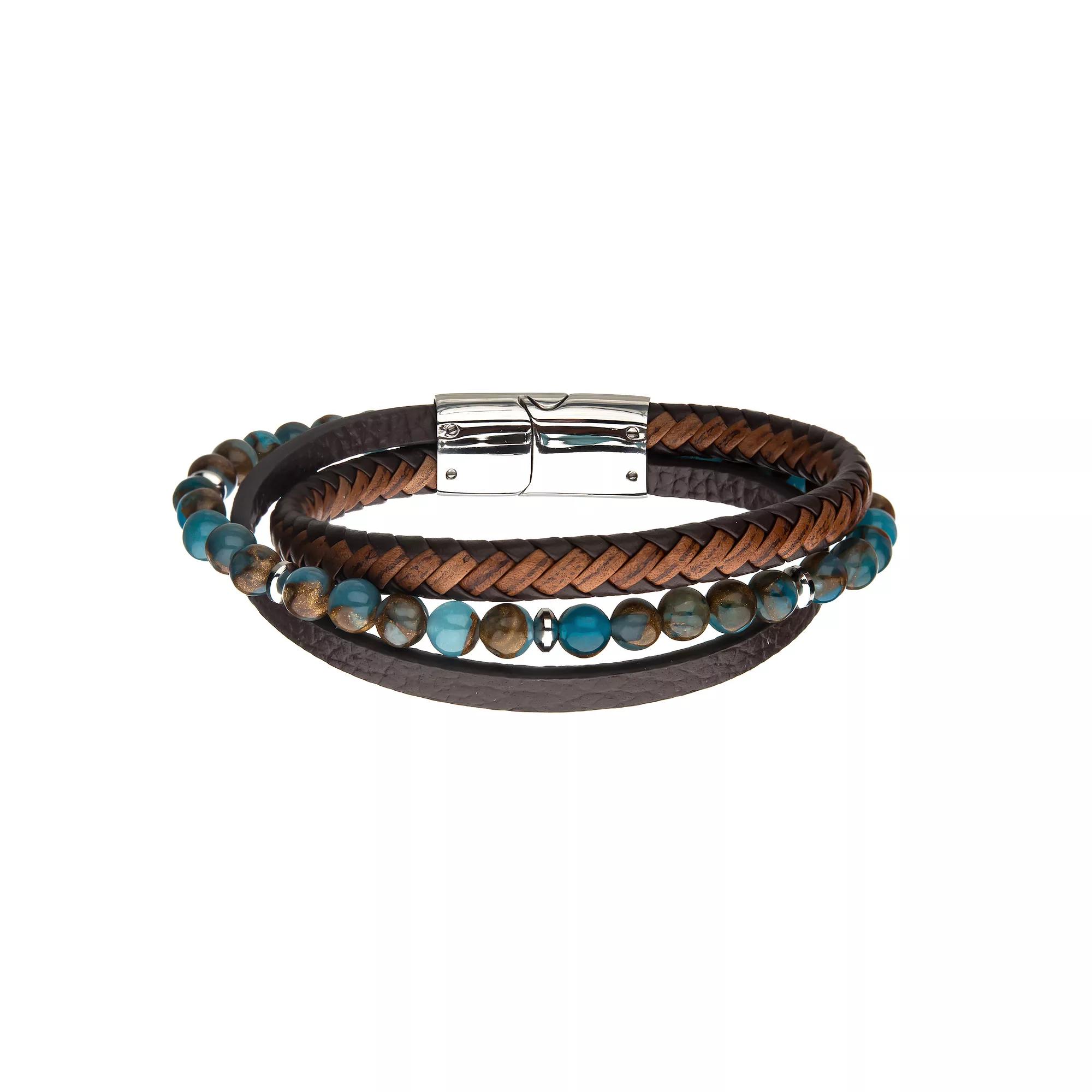 Men's Stainless Steel Blue & Brown Bead Layered Leather Bracelet, Size: 8.25", Multi Product Image