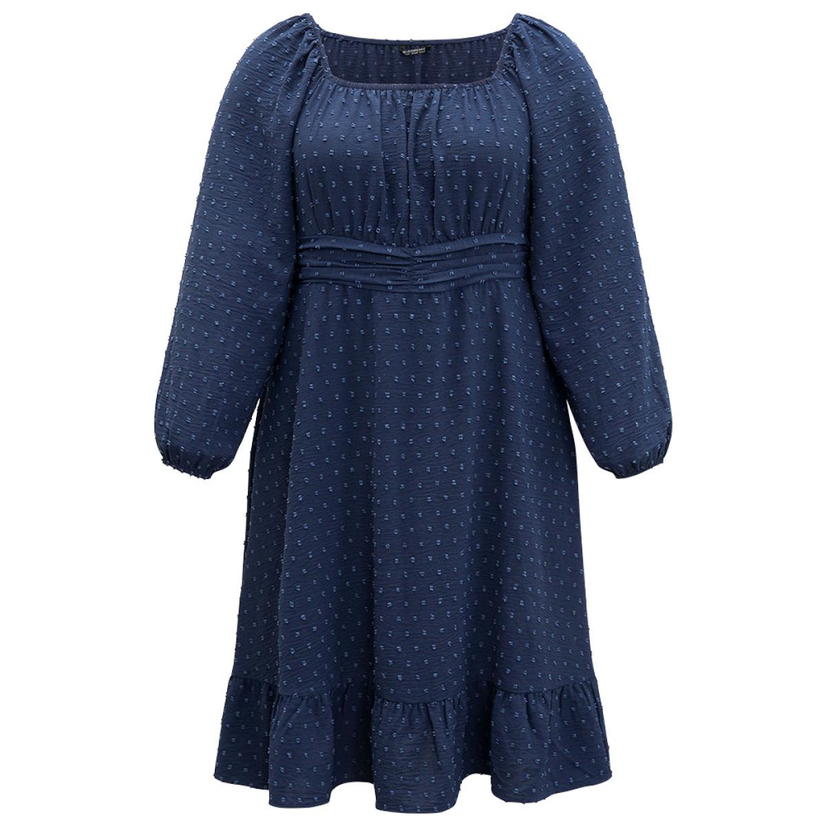 Plus Size Polka Dot Square Neck Lantern Sleeve Shirred Dress Navy Women Elegant Elastic cuffs Square Neck Long Sleeve Curvy Midi Dress BloomChic 22-24/3X Product Image