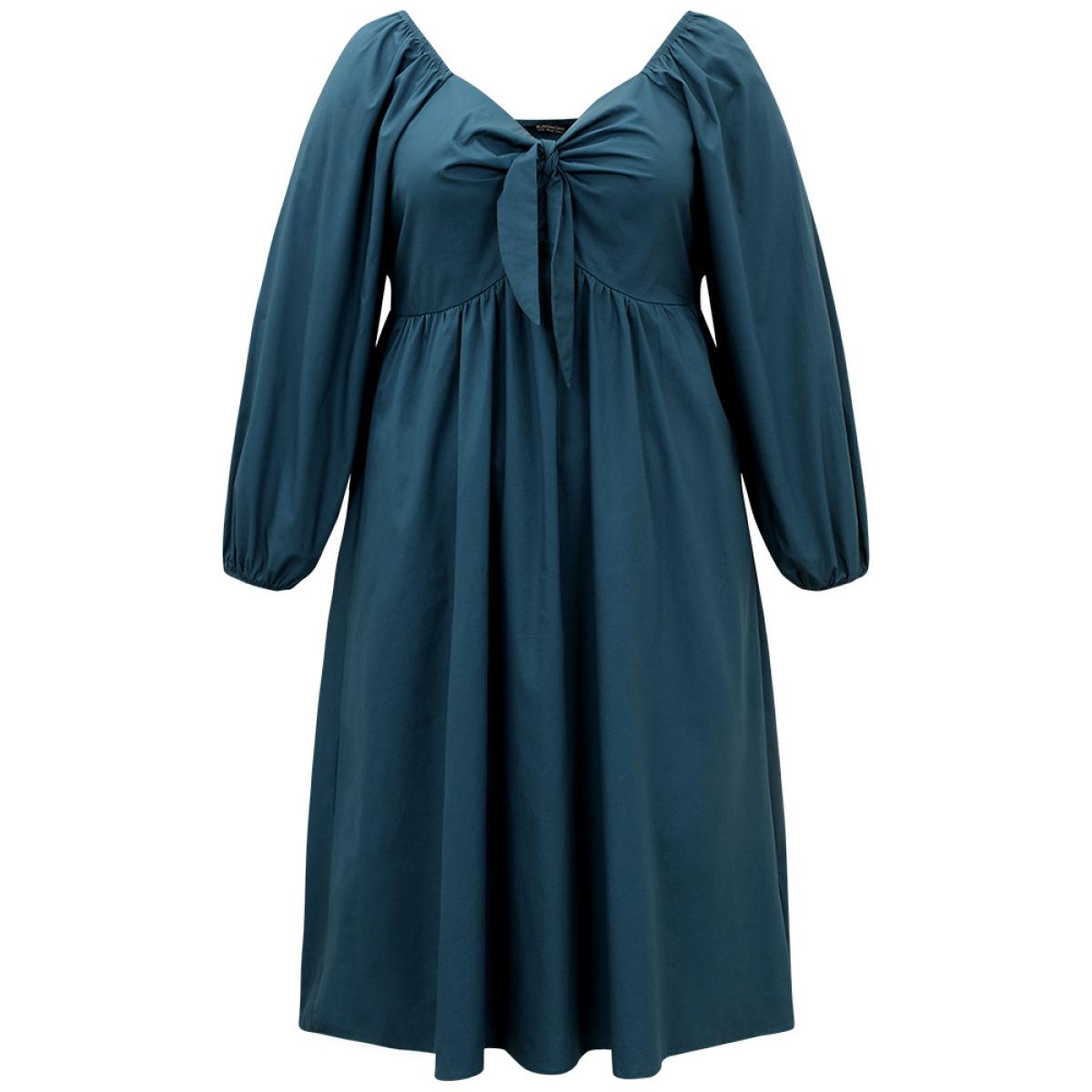 Plus Size Cotton Solid Bowknot Gathered Detail Dress Aegean Women Elegant Elastic cuffs Tie Neck Long Sleeve Curvy Midi Dress BloomChic 30/6X Product Image