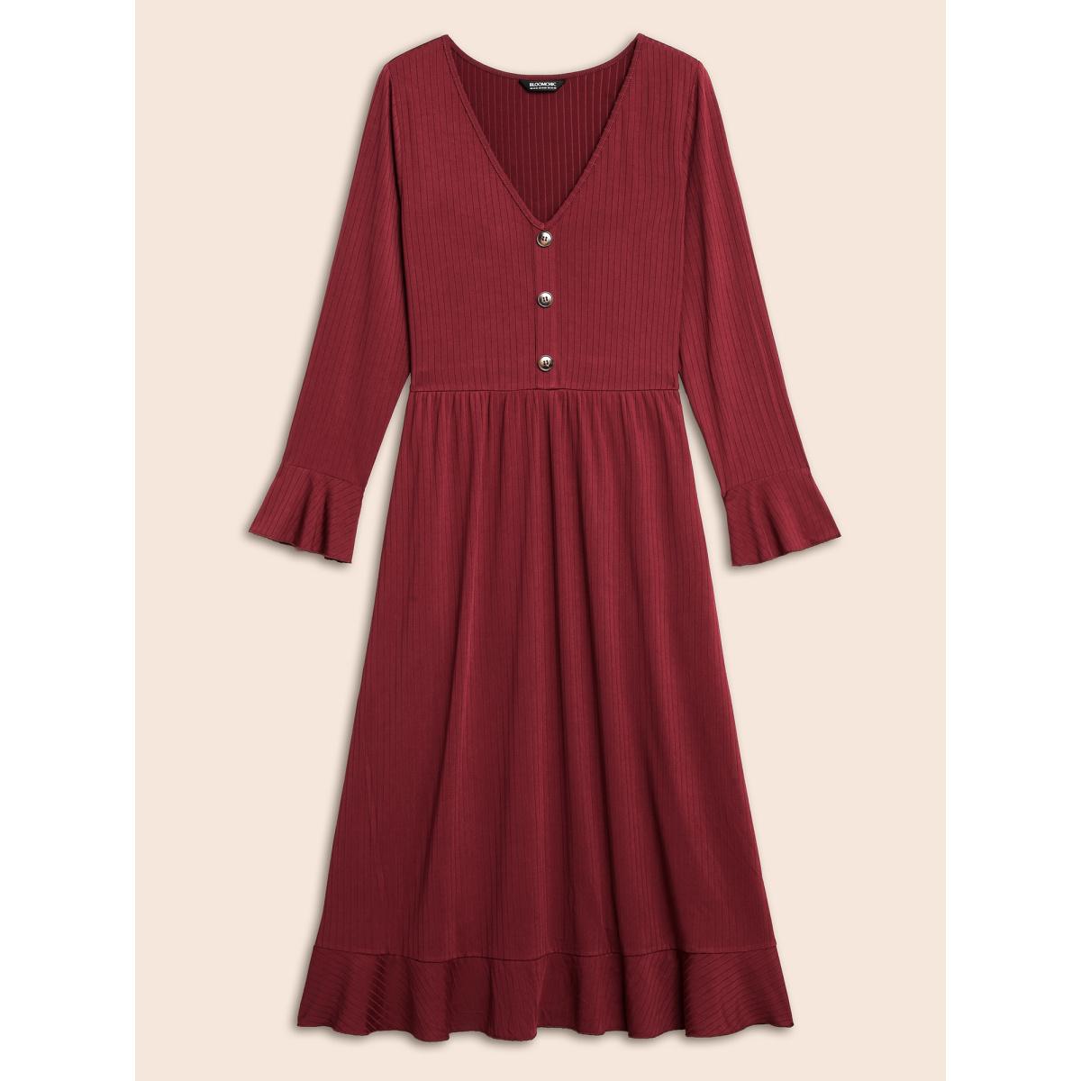 Plus Size V Neck Button Detail Rib Knit Dress Burgundy Women Casual Texture V-neck Long Sleeve Curvy BloomChic 22-24/3X Product Image