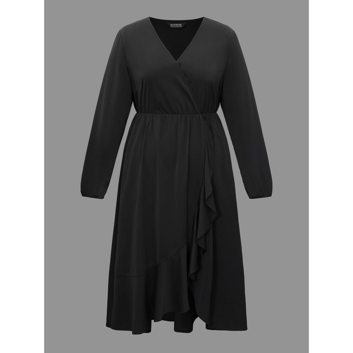 Plus Size Plain Overlap Collar Ruffle Trim Dress Black Women Elegant Overlapping Overlap Collar Long Sleeve Curvy BloomChic 18-20/2X Product Image