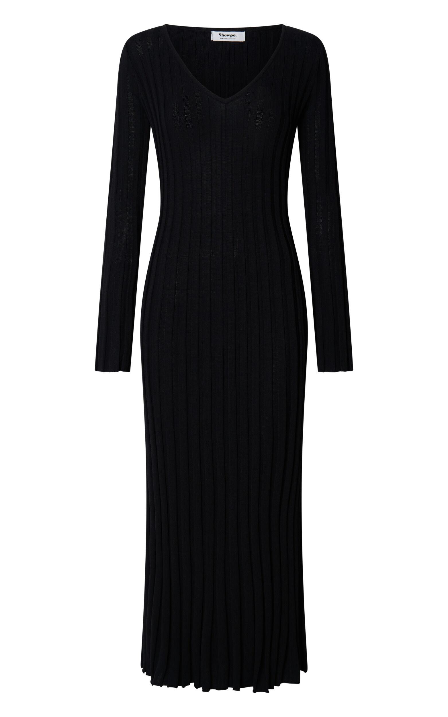 Astra Maxi Dress - V Neck Long Sleeve Knit Dress in Black Product Image