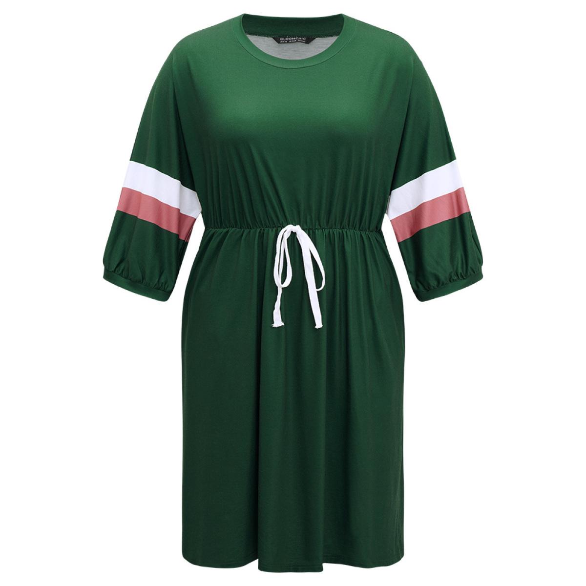 Plus Size Striped Contrast Pocket Bowknot Patchwork Dress DarkGreen Women Casual Cross straps Round Neck Elbow-length sleeve Curvy Midi Dress BloomChic 14-16/1X Product Image