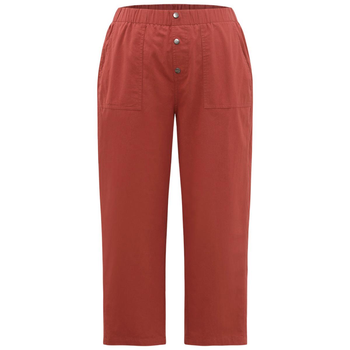 Plus Size Plain Button Up Pocket Straight High Rise Leg Pants Women Russet Casual Straight Leg High Rise Everyday Pants BloomChic 26/4X Product Image