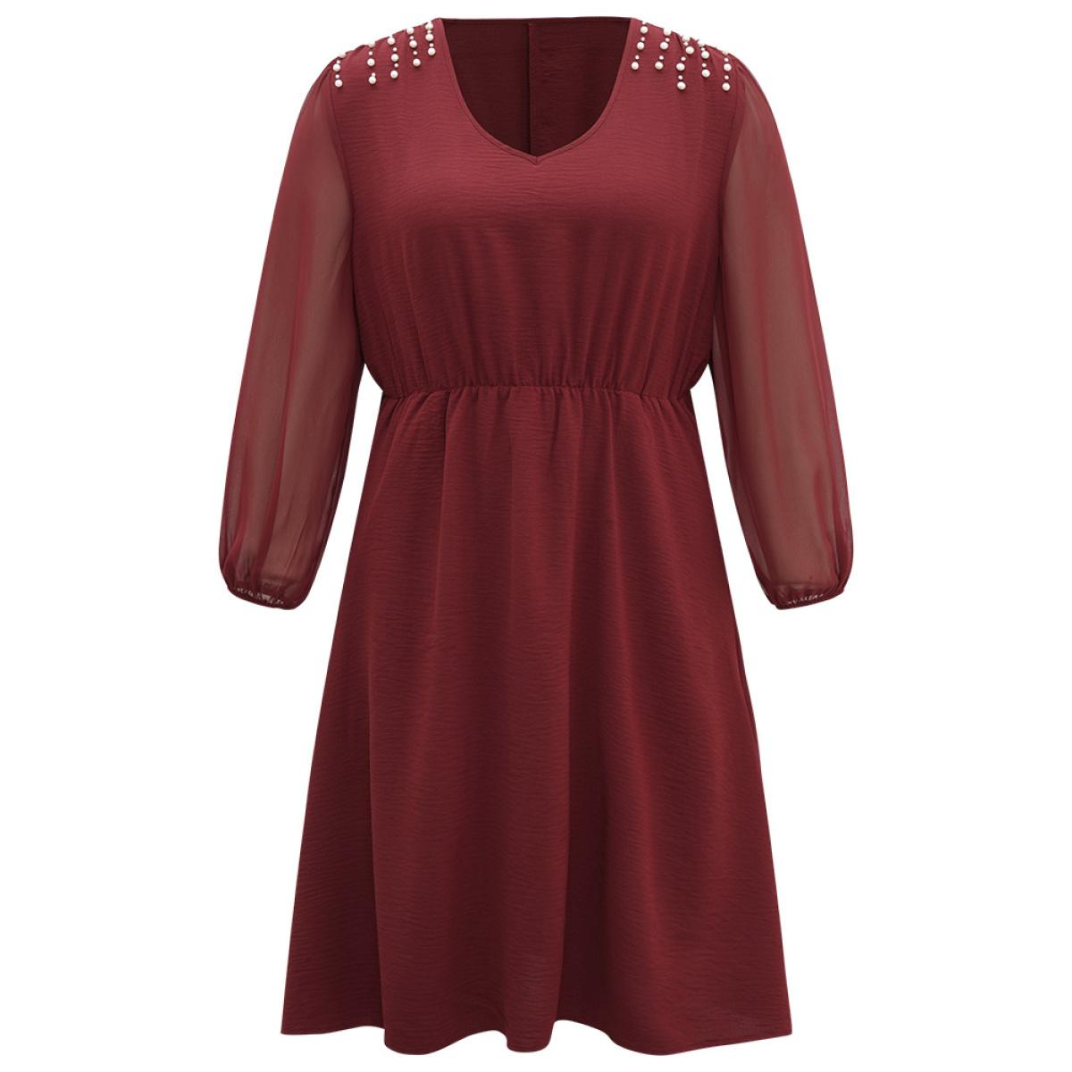 Plus Size Pearl Beaded Pocket Mesh Patchwork Dress Scarlet Women Elegant Elastic cuffs V-neck Long Sleeve Curvy Midi Dress BloomChic 18-20/2X Product Image