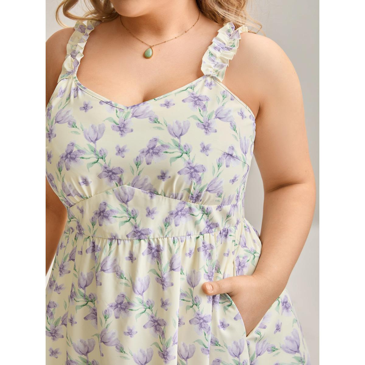 Plus Size Vine Floral Pockets Stretchy Waist Midi Dress Lightyellow Women Elegant Gathered V-neck Sleeveless Curvy BloomChic 12/L Product Image