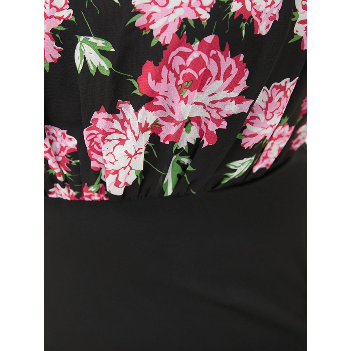 Plus Size Floral Patchwork Mesh Puff Sleeve Bodycon Dress Black Women Elegant Gathered Round Neck Short sleeve Curvy Knee Dress BloomChic 26/4X Product Image