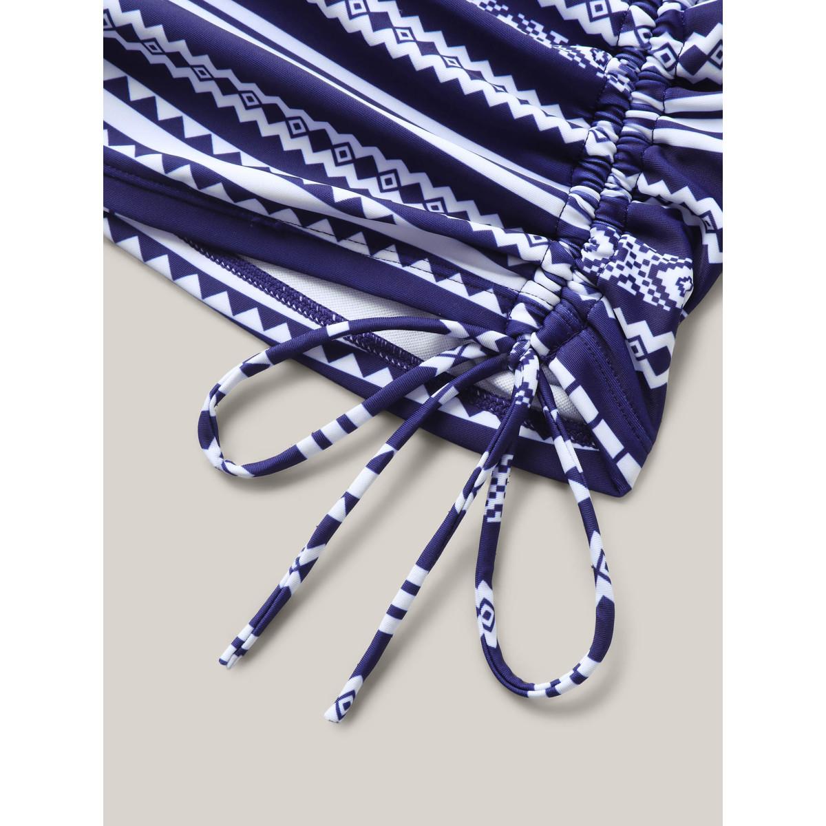 Plus Size Geometric Stripe Twist Front Swim Top Women's Swimwear Indigo Beach Twist High stretch Skinny Non Curve Swim Tops BloomChic 28/5X Product Image