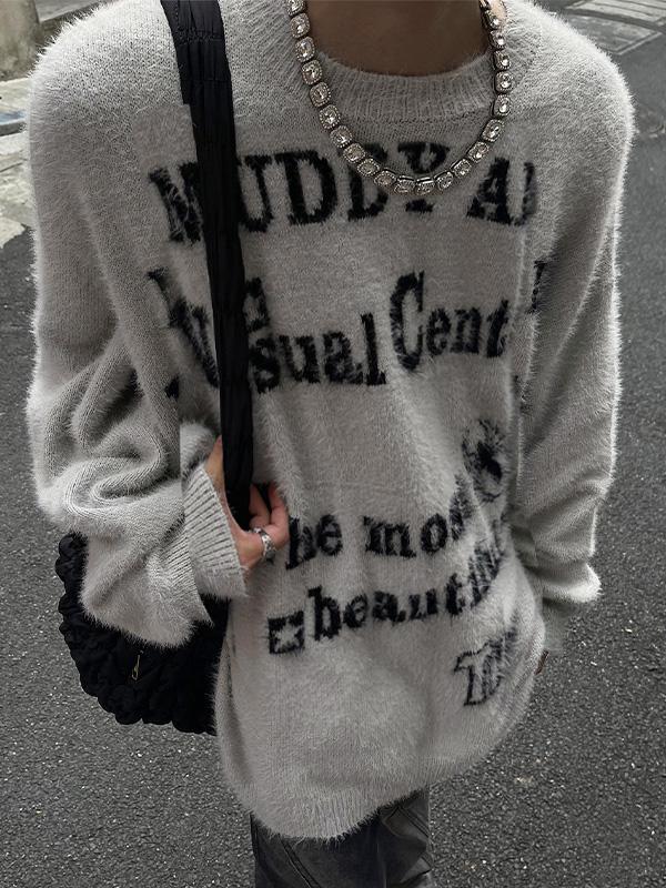 Men's Fuzzy Letter Jacquard Oversized Knit Sweater Product Image