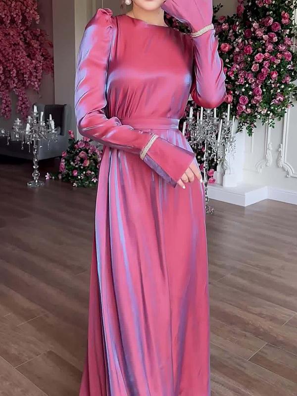 A-Line Long Sleeves Pleated Solid Color Tied Waist Zipper Round-Neck Maxi Dresses Product Image