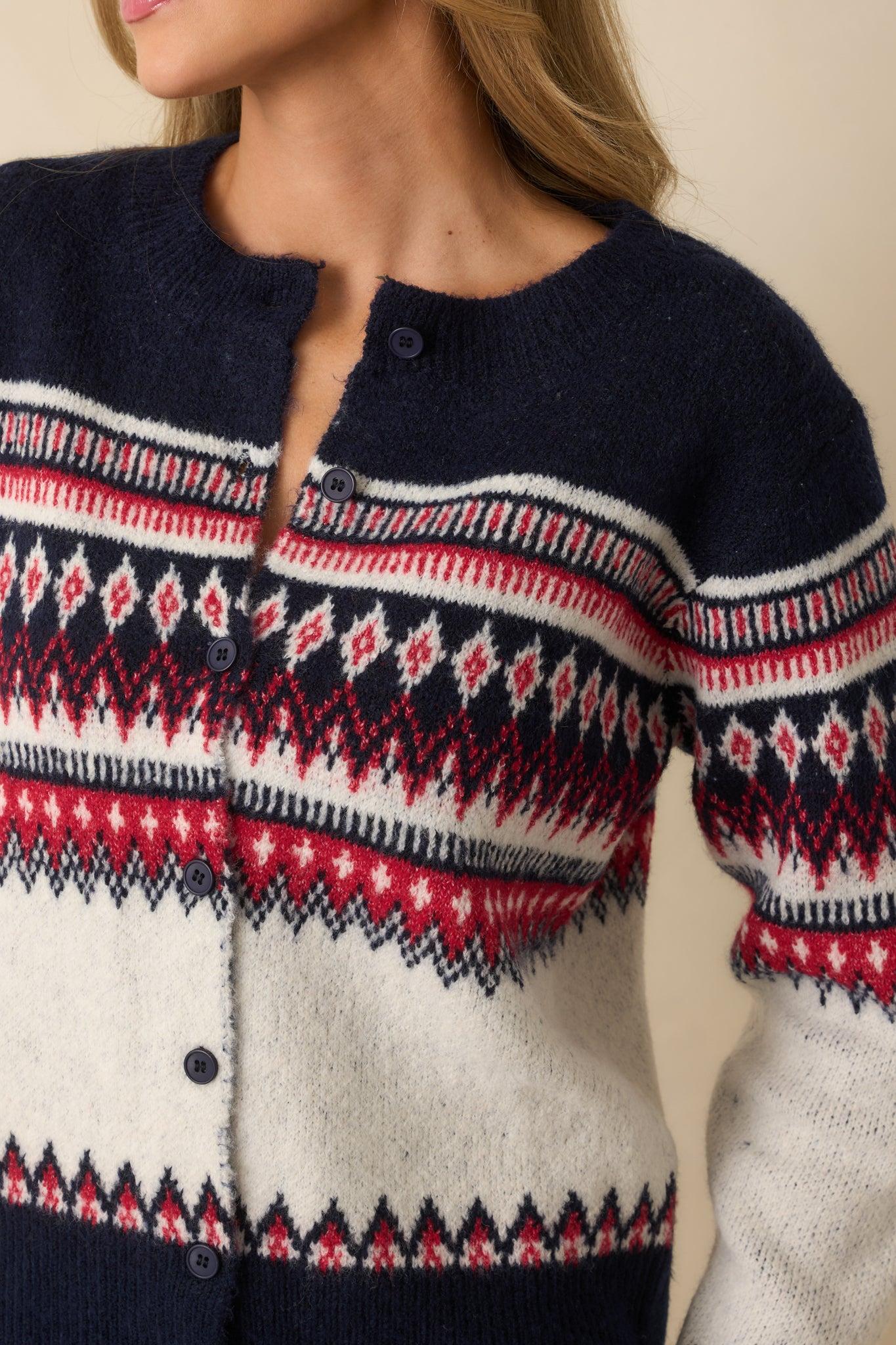 Fireside in Fair Isle White & Navy Multi Patterned Button Up Cardigan Product Image