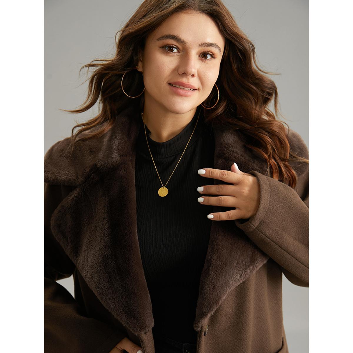 Plus Size Plain Lapel Collar Fuzzy Trim Patchwork Button Up Coat Women DarkBrown Casual Lined Ladies Dailywear Winter Coats BloomChic 10/M Product Image