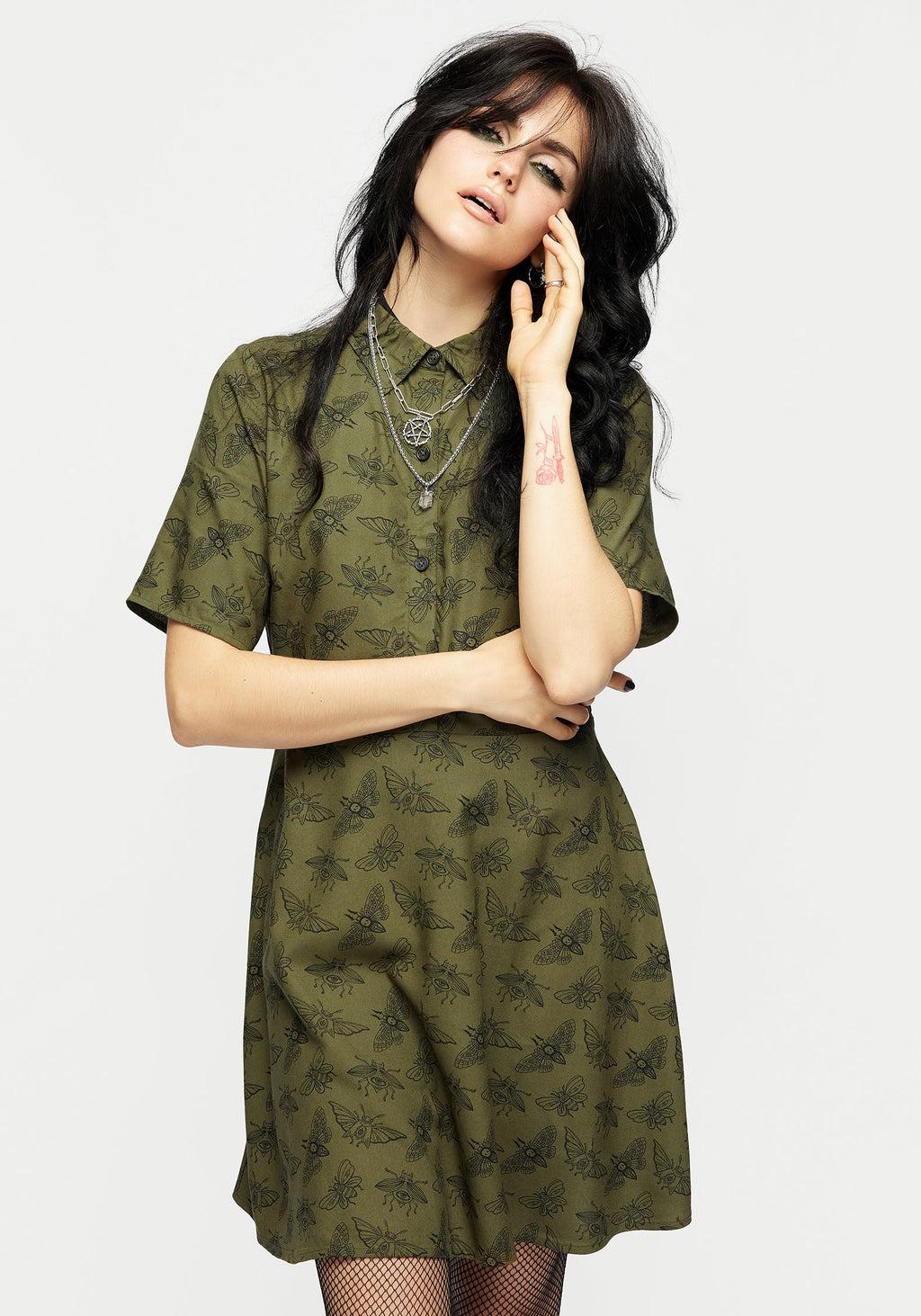 Mortmoth Print Mini Shirt Dress - Green Product Image