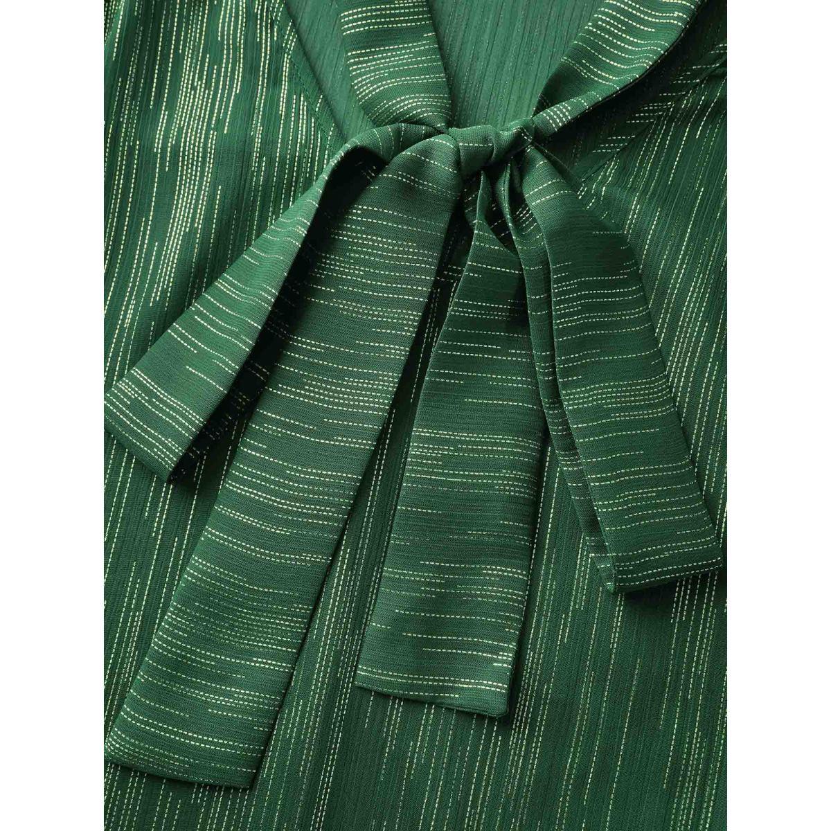 Plus Size Emerald Gold Stamp Sheer Collar-Tie Blouse Women Party&Cocktail Long Sleeve Ribbon-tied collar Party Blouses BloomChic 18-20/2X Product Image