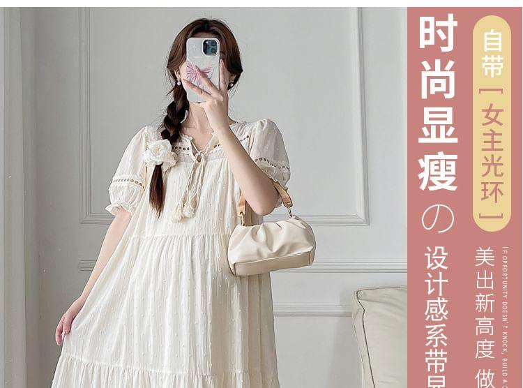 Maternity Short-Sleeve V-Neck Plain Midi A-Line Dress Product Image