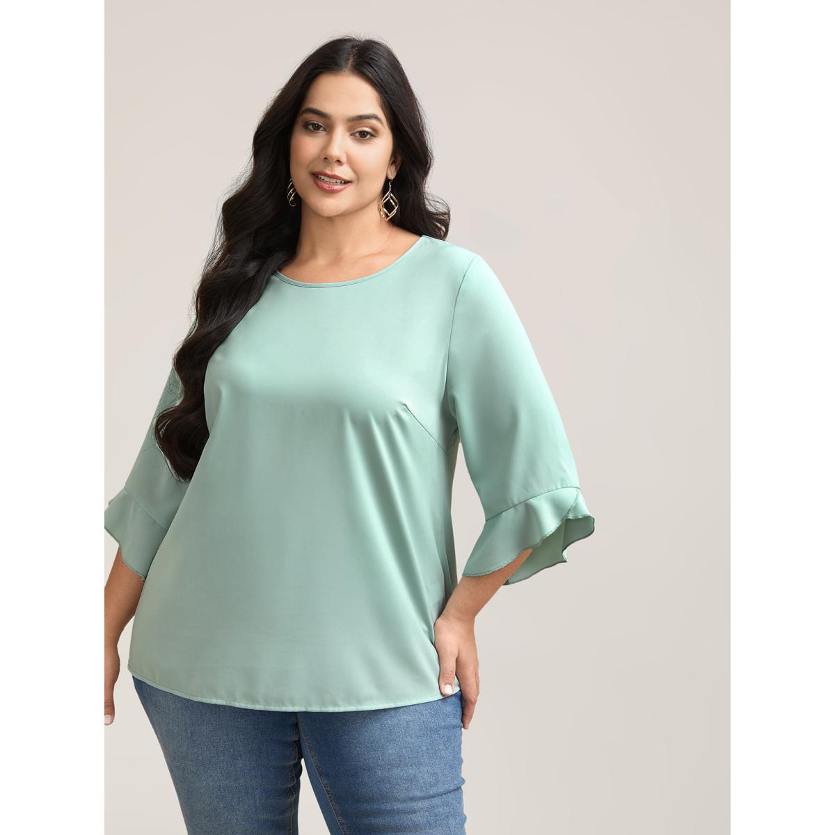 Plus Size Greenbean Lotus Leaf Sleeve Round Neck Shirt Women Elegant Elbow-length sleeve Round Neck Everyday Blouses BloomChic 18-20/2X Product Image