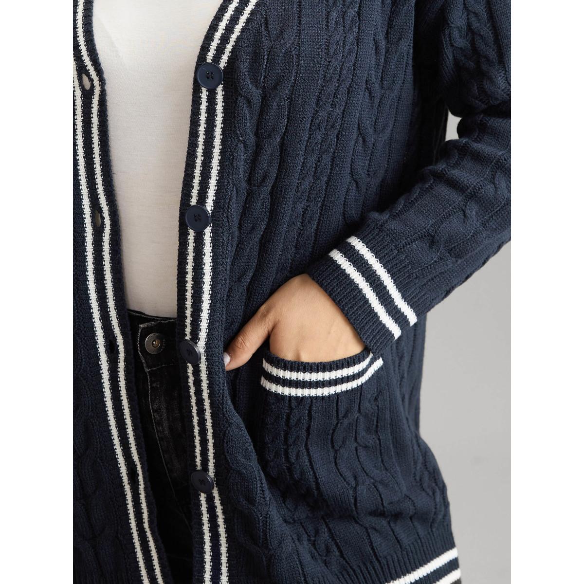 Plus Size Cable Knit Contrast Striped Button Through Cardigan Midnight Women Casual Loose Long Sleeve Dailywear Cardigans BloomChic 10/M Product Image