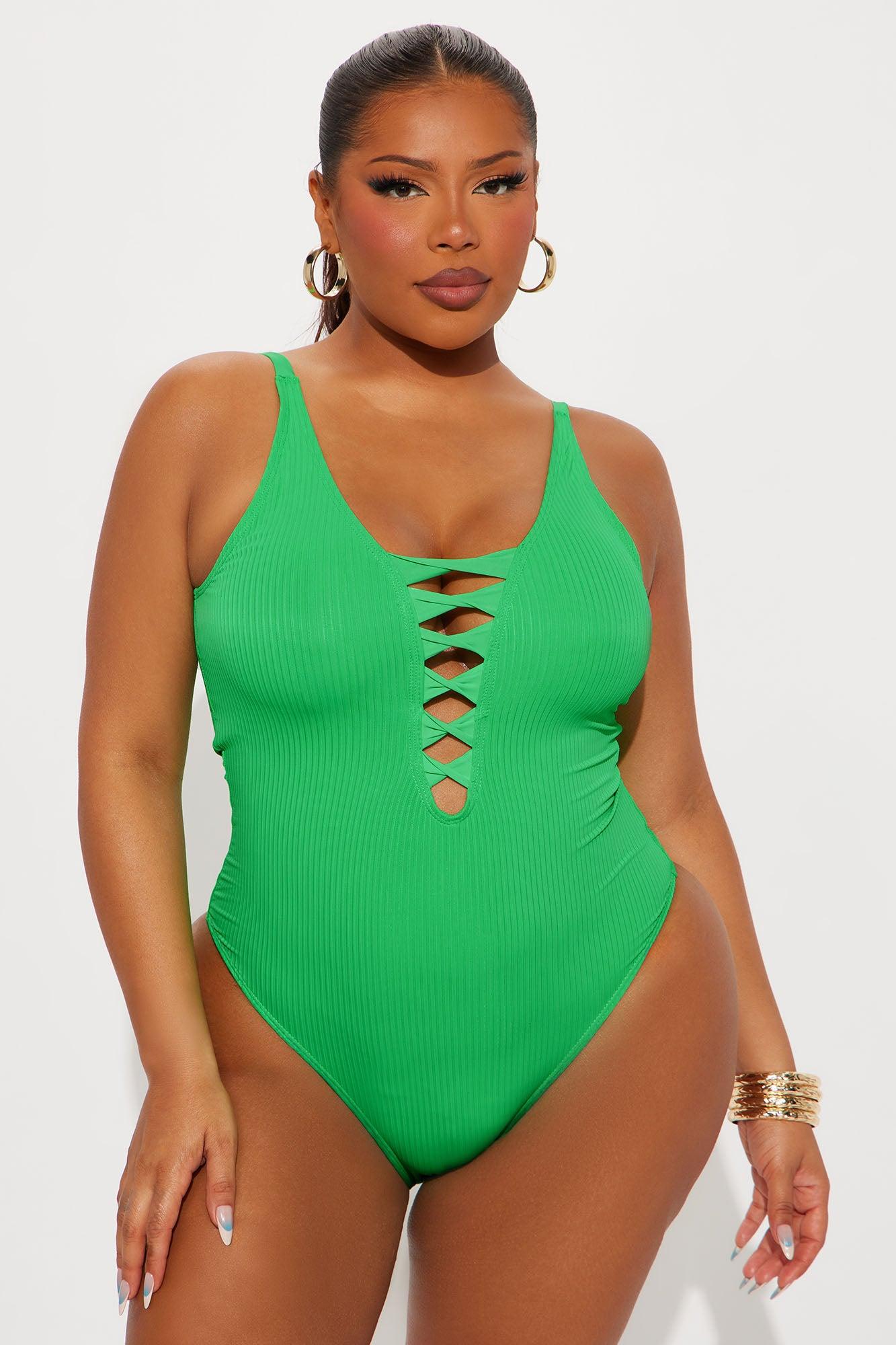Summer Vibes Lace Up Ribbed 1 Piece Swimsuit - Green Female Product Image