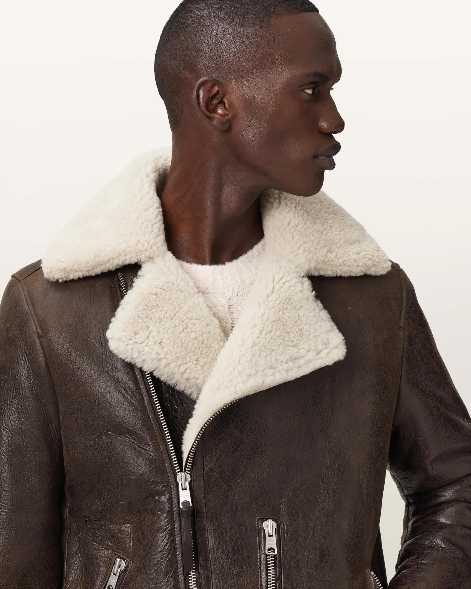Xylon Shearling Biker Jacket BARKWOOD BROWN | ALLSAINTS US Product Image