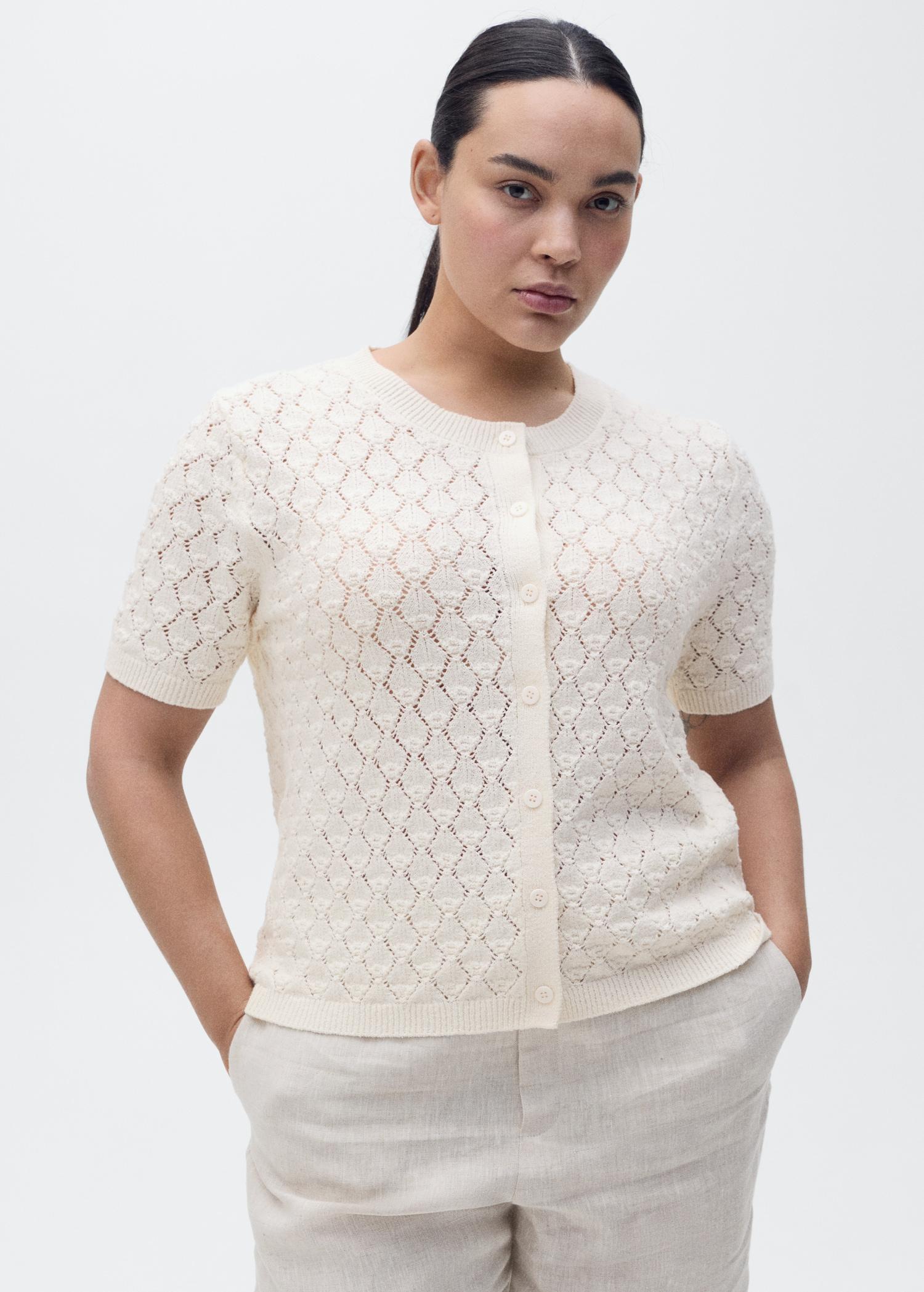 Short-sleeved openwork knitted cardigan - Women | MANGO USA Product Image