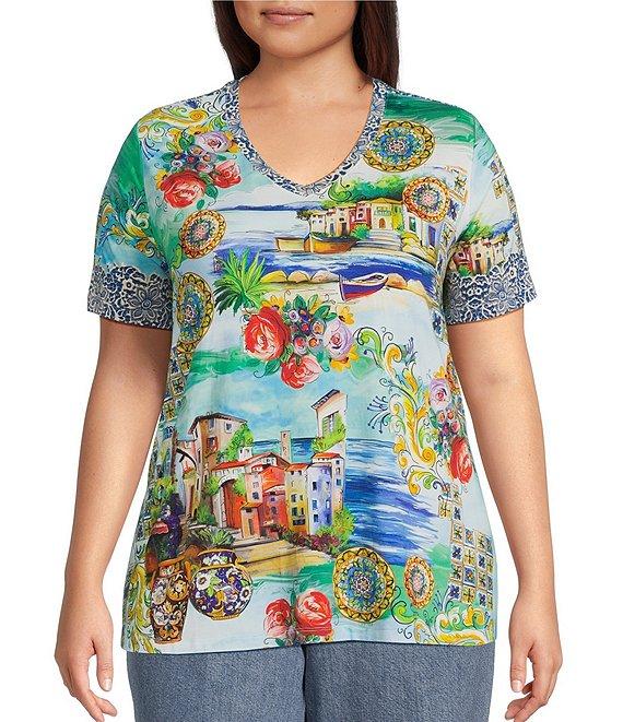 JOHNNY WAS Plus The Janie Favorite Scenic Print Knit V-Neck Short Sleeve Tee Product Image