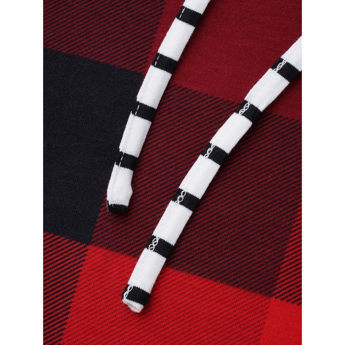 Plus Size Plaid Hooded Drawstring Straight Fit Tee Brightred Women Casual Contrast Hooded Everyday T-shirts BloomChic 10/M Product Image