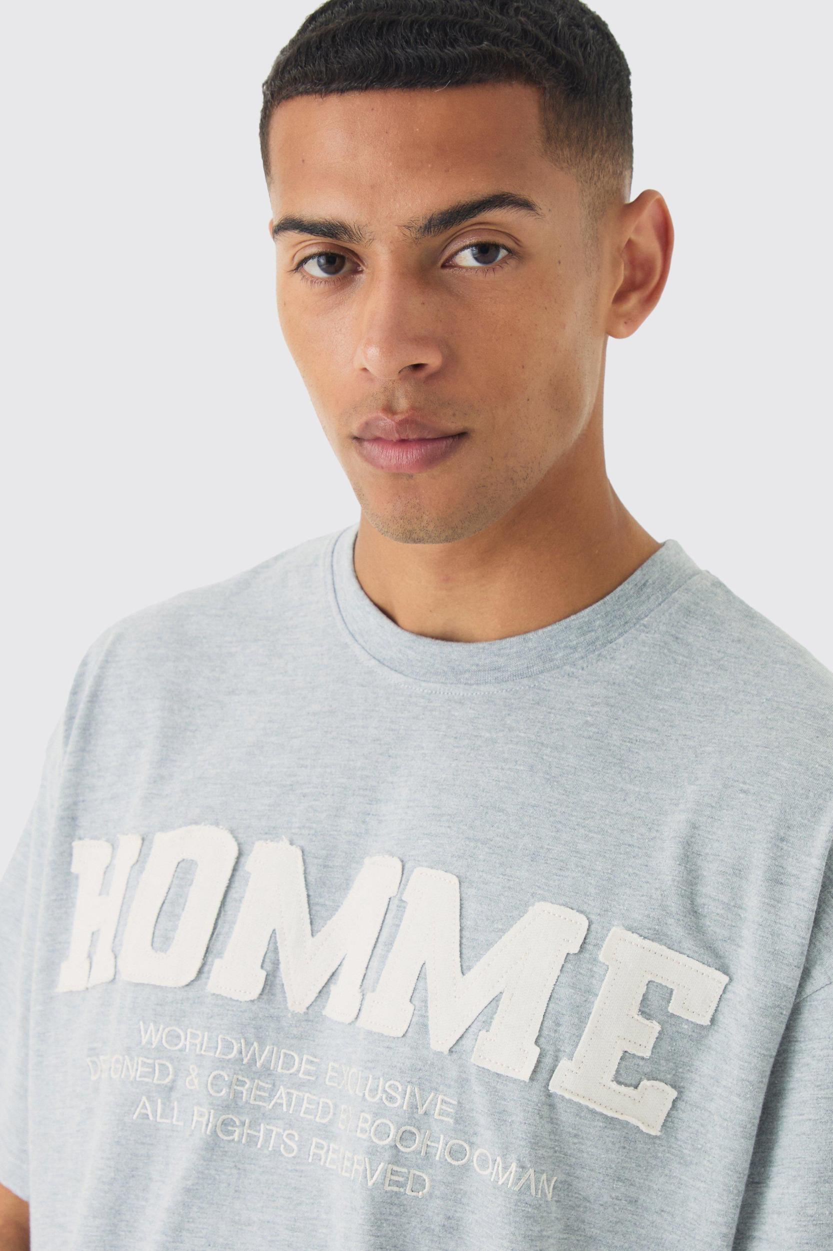 Oversized Boxy Raw Edge Applique Homme T-shirt | boohooMAN USA Product Image