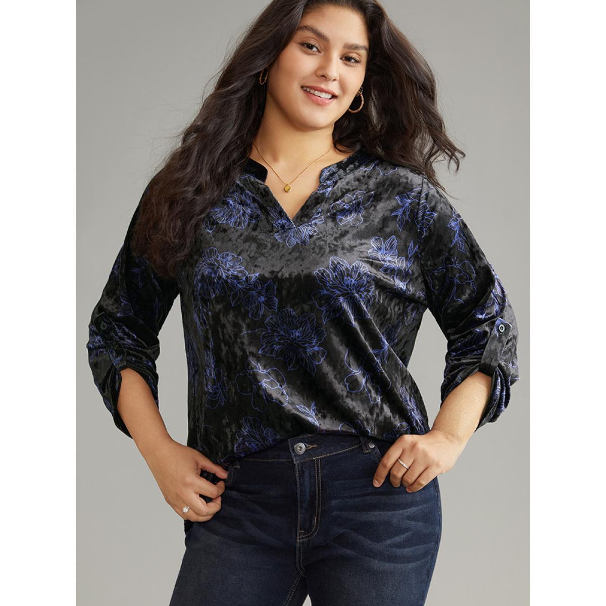 Plus Size Black Silhouette Floral Print Notched Roll Tab Sleeve Blouse Women Elegant Long Sleeve Notched collar Everyday Blouses BloomChic 14-16/1X Product Image