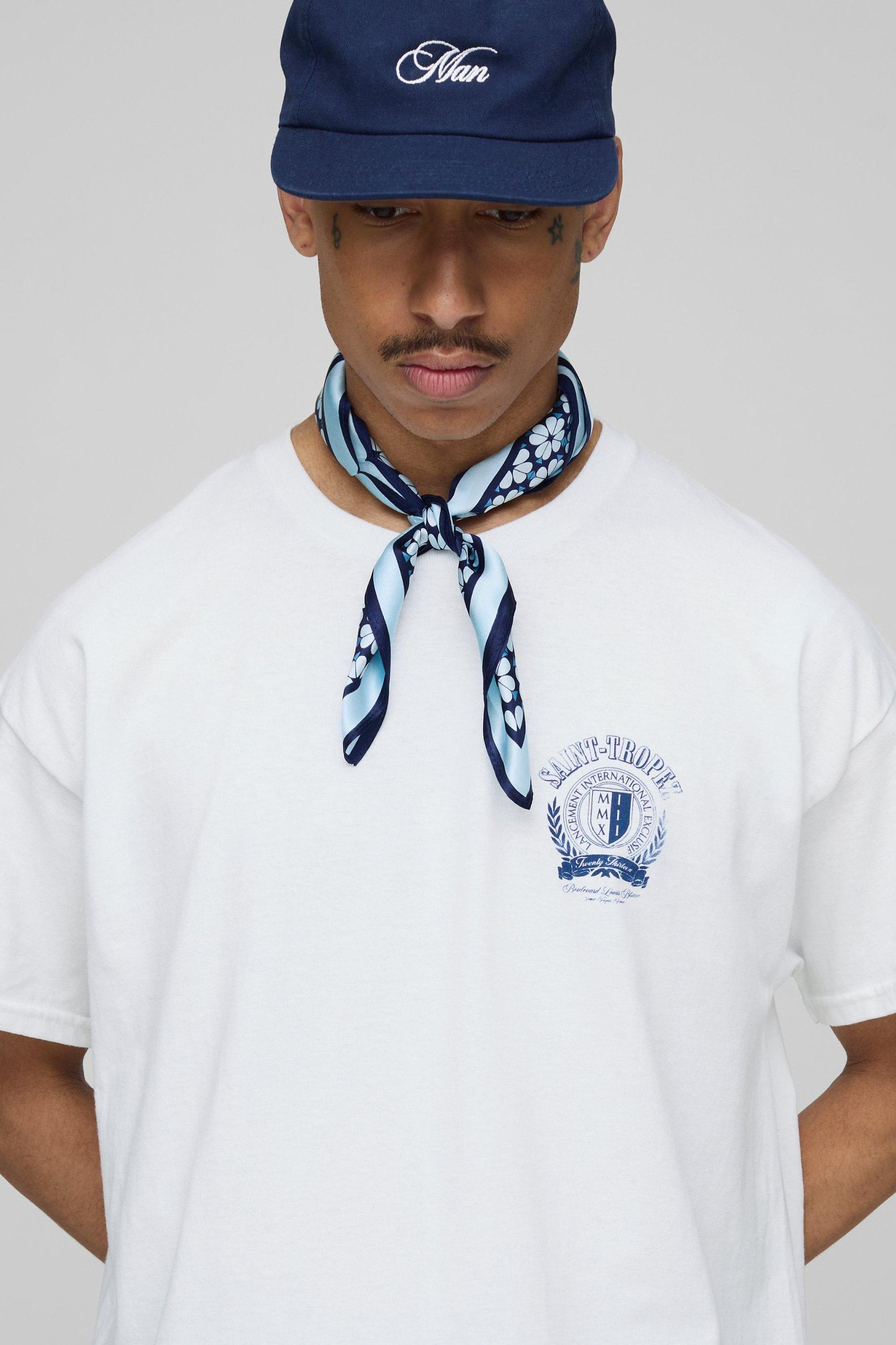 White Oversized Saint Tropez Crest Printed T-Shirt | boohooMAN USA Product Image