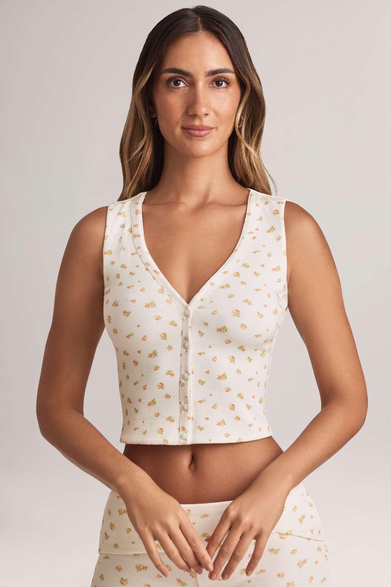 Modal Ribbed Button-Up Vest Top in Floral Print Product Image