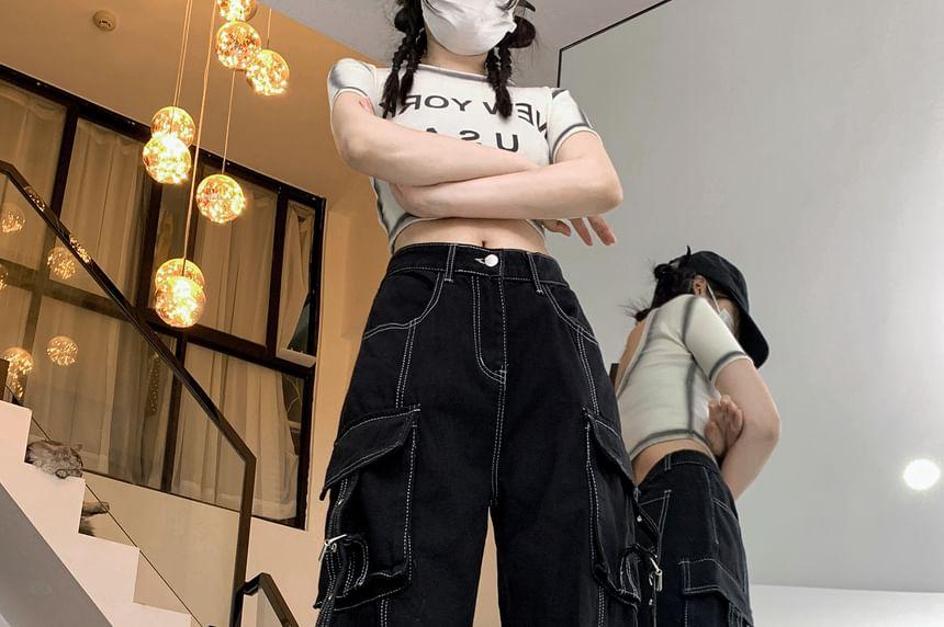 High Rise Contrast Stitching Buckled Loose Fit Cargo Jeans Product Image