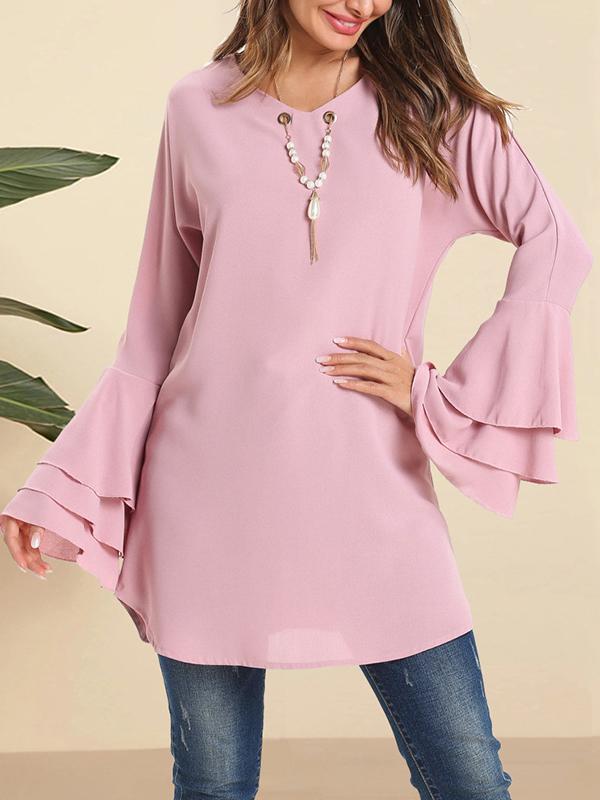 Flared Sleeves Loose Hollow Layered V-Neck Blouses&Shirts Tops Product Image