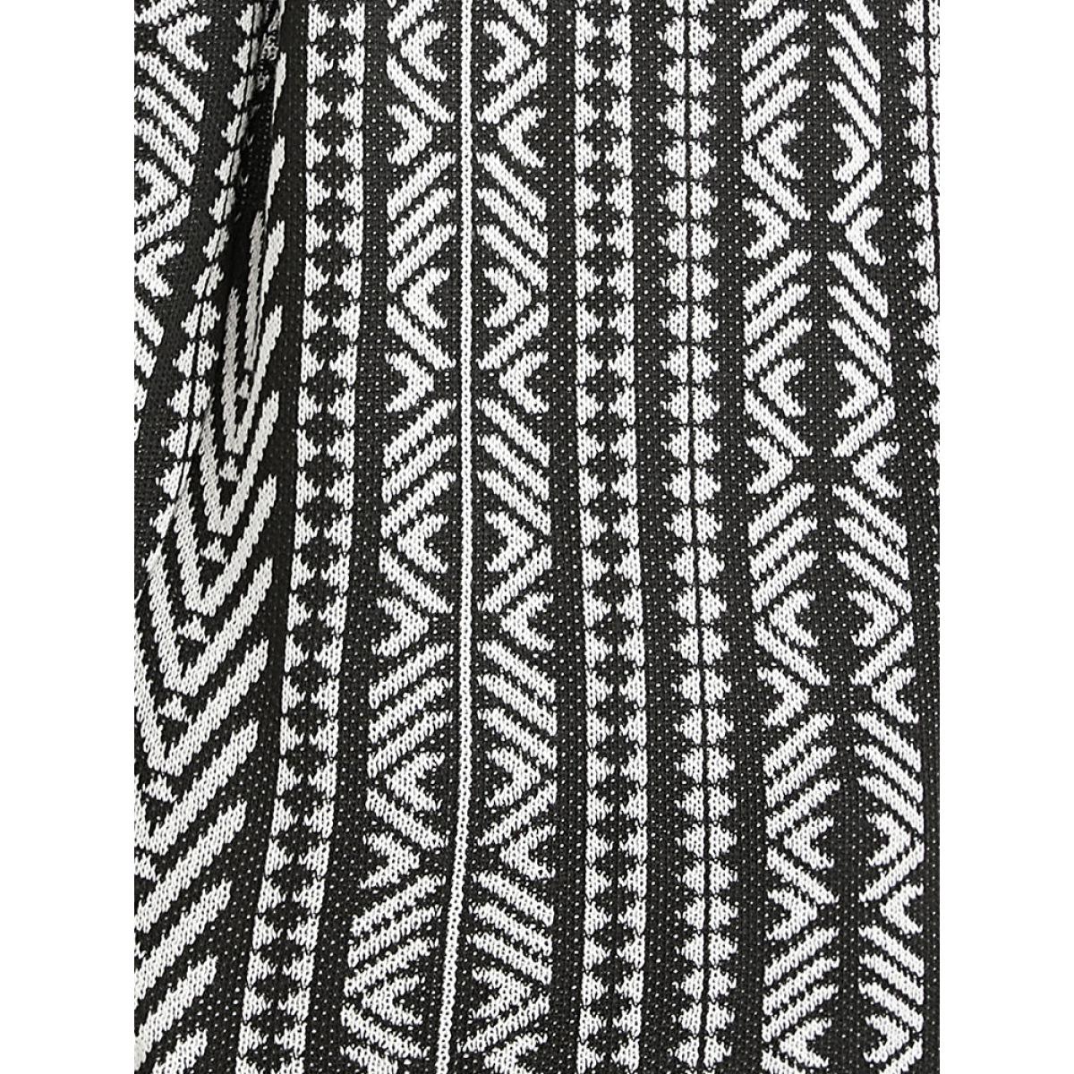 Plus Size Bandana Geometric Pointelle Knit Contrast Button Front Cardigan Black Women Casual Loose Long Sleeve Dailywear Cardigans BloomChic 10/M Product Image