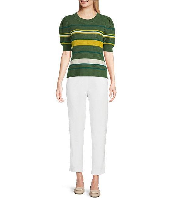 Investments Petite Size Olive Stripe Novelty Short Sleeve Crew Neck Sweater Top Product Image