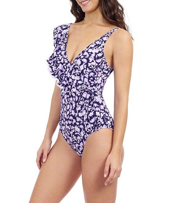 Profile By Gottex Ba Juliette V-Neck Asymmetrical Ruffle Trim Tummy Control One Piece Swimsuit Product Image