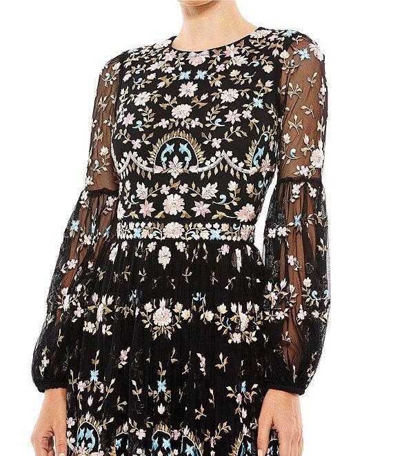 Mac Duggal Long Sheer Sleeve Crew Neck Floral Print Embroidered Tiered A-Line Gown Product Image