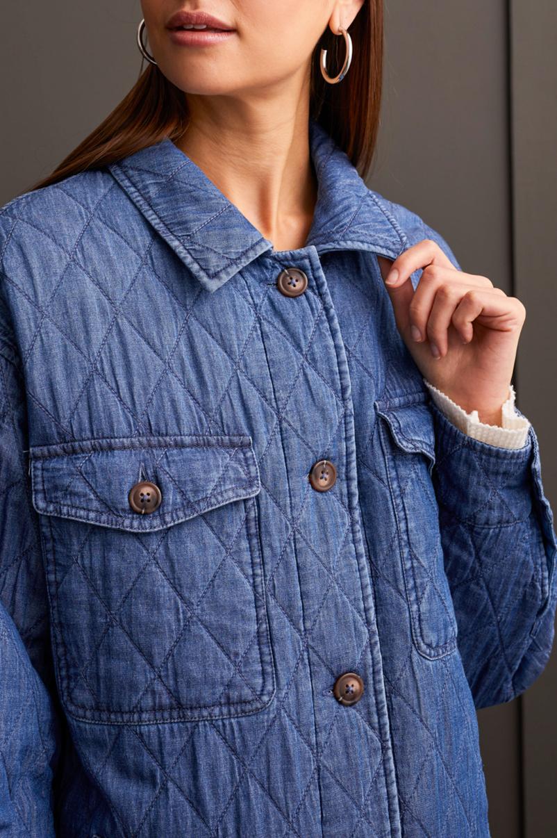 Button Front Long Quilted Jacket - Blue Chambray Product Image